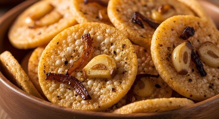Naklejka premium Onion Garlic Rice Crackers Savory Brown Flecks, Crispy Baked Snack Crackers With Aromatic Flavors, Crunchy Texture, And Perfect Balance Of Salt, Grain, And Spice