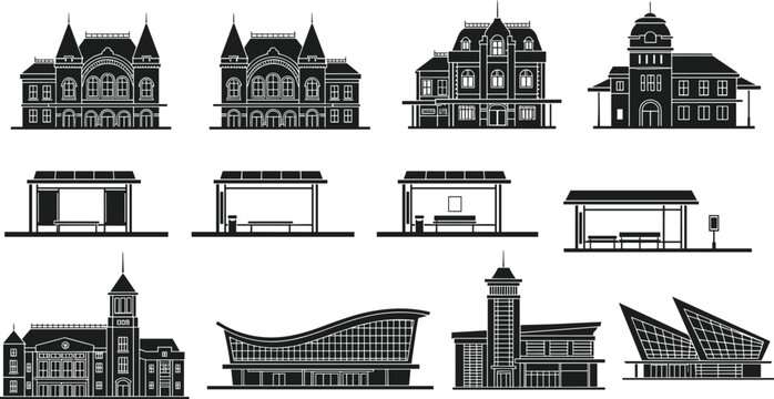 Black silhouettes of various public buildings including bus stops, train stations, and modern terminals, urban transportation infrastructure collection isolated on white background set. (24 words)