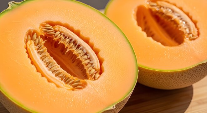 Charentais Melon Halves Orange Fragrant Seeded Flesh, A French Summer Heirloom Fruit With Sweet Aroma, Silky Texture, And Naturally Bright Citrus Notes
