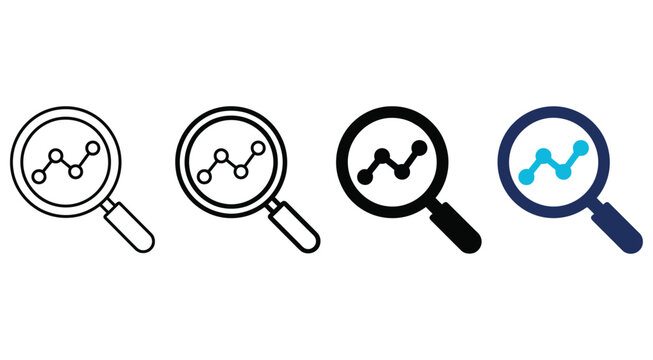 Analytics icon with magnifying glass and line chart. Symbol of data analysis, business reporting, performance metrics, dashboard analytics, insights, monitoring, research and data visualization.
