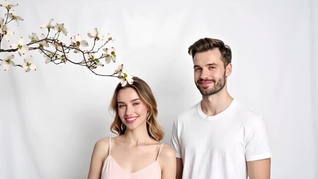 Smiling couple early summer fashion dogwood bright high key lifestyle