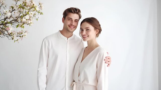 Pastel outfit couple with dogwood clean studio high key lighting