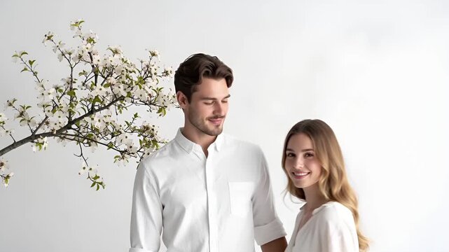 Couple early 30s with dogwood white background right composition copy space
