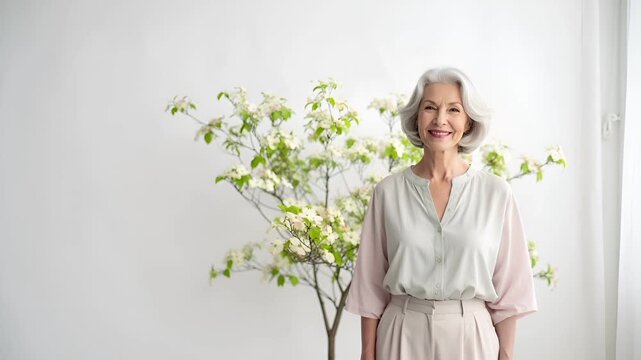 Pastel outfit senior woman with dogwood clean studio high key lighting