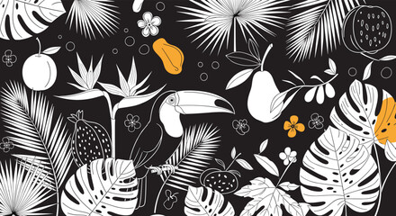 Naklejka premium Striking tropical scene featuring a toucan, palm leaves, and exotic fruits is rendered in a black and white hand drawn style.