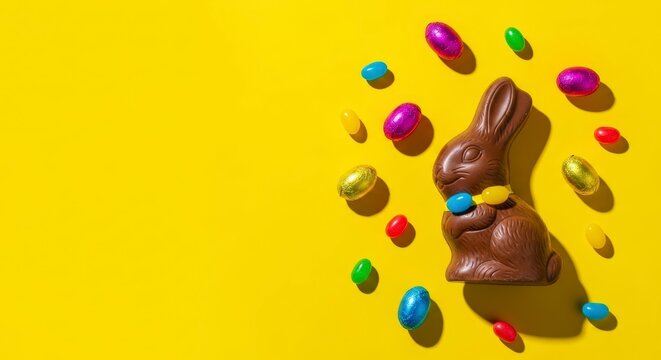 Chocolate Easter bunny with candy pieces.