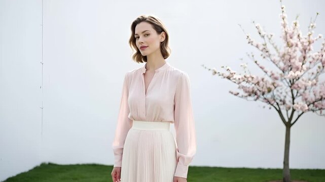 Elegant woman early 30s with dogwood on white background right composition copy space