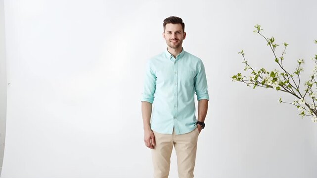 Friendly man early 30s pastel outfit dogwood high key lighting stock scene