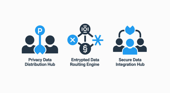 Data security and privacy icons: distribution, routing, and integration hubs