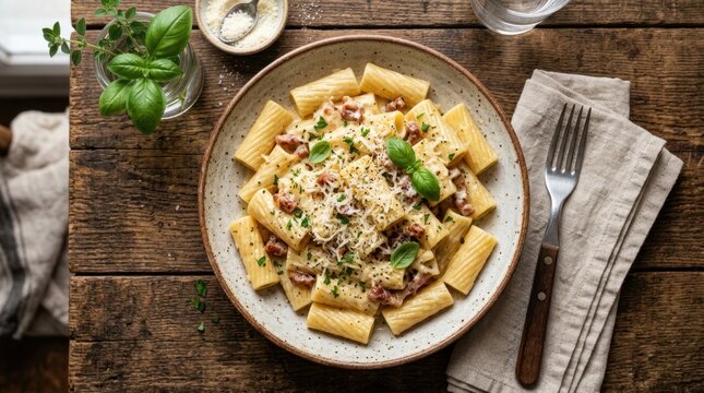 Delicious rigatoni carbonara served in a rustic bowl with fresh basil and parmesan cheese