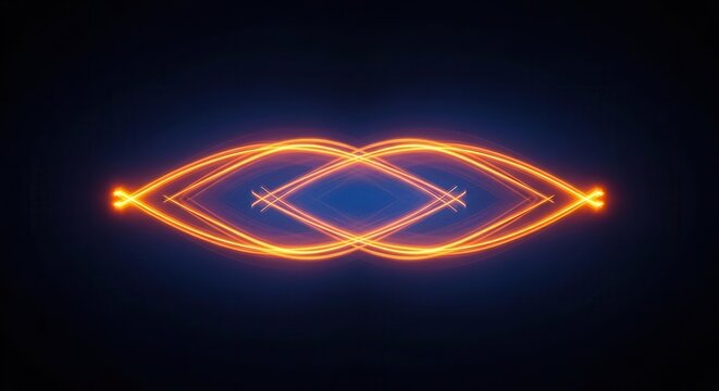 Symmetrical glowing trails of vibrant orange with subtle diffused light over a deep blue premium layered background on blacksolid background