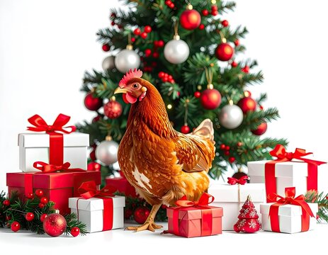 A holiday chicken stands near a decorated Christmas tree and presents.