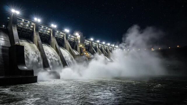 Hydroelectric dam releasing water at night.