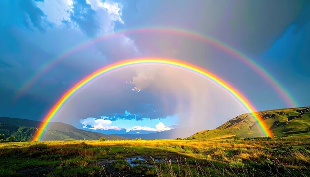 A vibrant double rainbow arches over a lush green landscape after a storm.