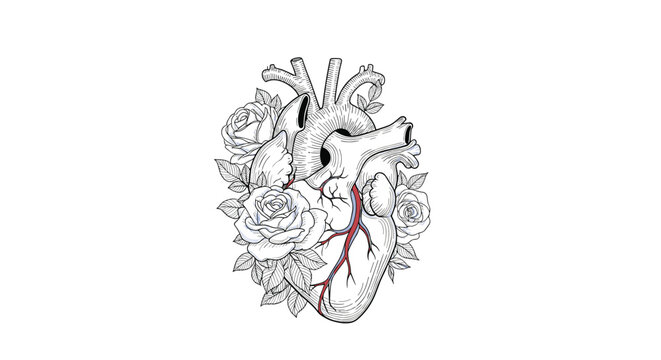 Artistic anatomical human heart illustration intertwined with blooming roses and leaves in black and white line art.