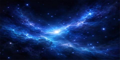 An abstract deep space universe illustration features a bright blue nebula and dark starry night sky clouds amidst a fantasy cosmos © Alpha Designs