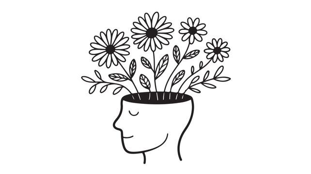 Mental Health Awareness Illustration with Flowers Growing from Head for Wellness Concept