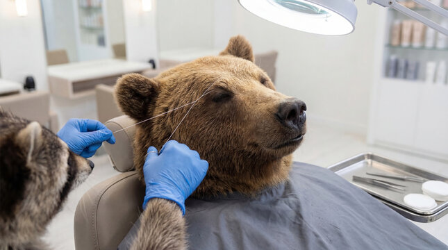 Raccoon beautician threading facial hair of a brown bear. Animal metaphor for cosmetic beauty salon treatment. Concept of skincare and spa services for wildlife in a professional studio.