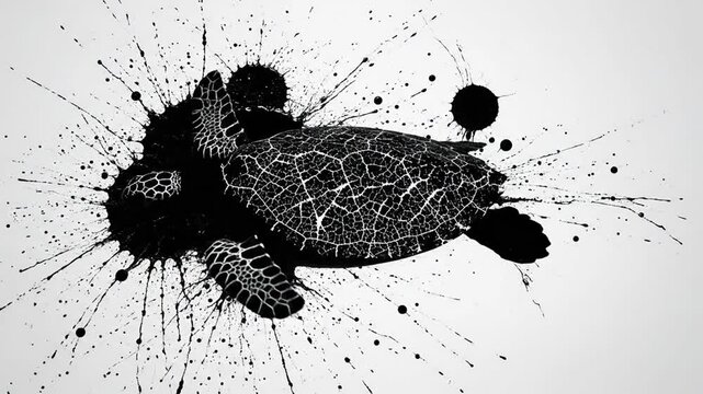 Artistic black silhouette of a sea turtle swimming, featuring dynamic ink splatters and paint droplets on a white background, minimalist wildlife design for marine conservation.
