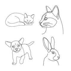 Fototapeta premium Minimalist Continuous Line Art of Domestic Animals: Cat, Dog, and Rabbit Portraits for Veterinary or Pet Care Branding