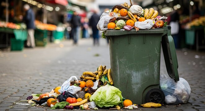 A green trash can overflowing with rotting fruit and vegetables on a cobblestone street in a market