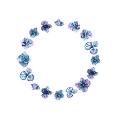 Fototapeta premium Round frame with hydrangea flowers. Watercolor illustration. Perfect for decorating prints, cards, and posters.