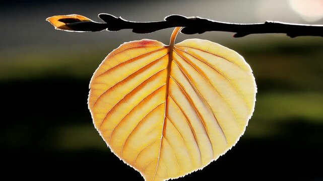 Close-up of a single, backlit, autumnal leaf