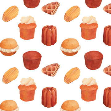 Watercolor French pastry seamless pattern with madeleine, rum baba, canele, and cream bun, hand painted dessert repeat background for bakery branding, textile, wrapping paper, and menu design