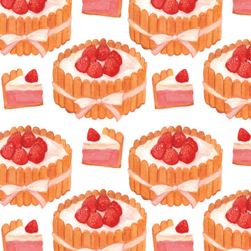 Watercolor strawberry charlotte cake seamless pattern with slice pieces, hand painted dessert repeat background for bakery branding, wrapping paper, textile, menu design, and sweet food illustration