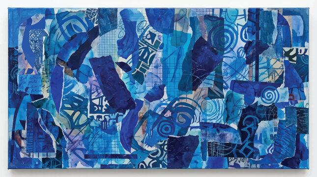 Blue abstract collage artwork with mixed media and geometric shapes design