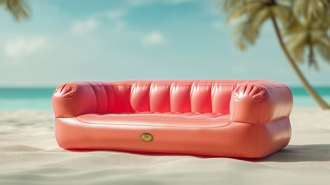 Pink inflatable sofa on a tropical beach with white sand
