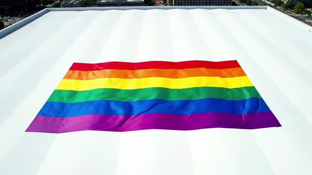 A large LGBTQ+ rainbow pride flag with six vibrant stripes laid flat on a clean white rooftop. High-angle view showing fabric ripples in bright daylight.