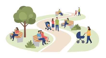 Naklejka premium People enjoying a sunny day in a park, walking, relaxing on benches, and with strollers