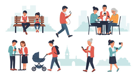 Fototapeta premium People of different ages using smartphones in various outdoor and indoor settings