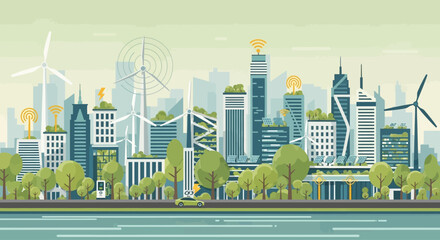 Obraz premium Smart City Skyline with Wind Turbines and Green Buildings, Sustainable Urban Future