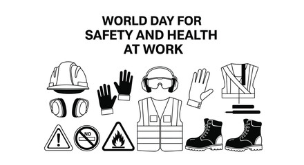 Fototapeta premium Black and white vector graphic illustration collection for world day for safety and health at work observance