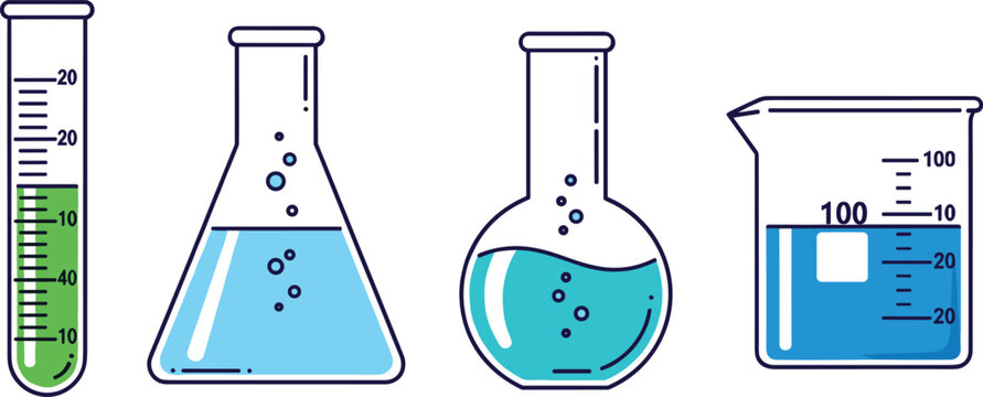 Laboratory glassware set with test tube Erlenmeyer flask round bottom flask and beaker containing colorful liquid for chemistry science and education