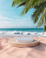 Obraz premium Wooden podium stand on tropical beach sand with palm leaves for product display mockup against ocean waves and bright sunny sky background with copy space