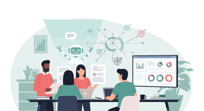 Team collaborating on AI strategy with chatbot and data analytics dashboard