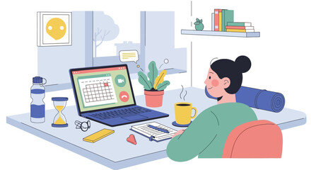 Naklejka premium Woman working remotely, planning schedule on laptop, home office setup with yoga mat