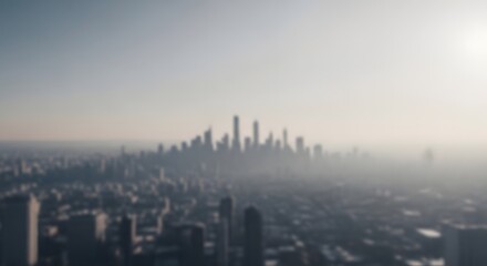 Fototapeta premium Misty city skyline at sunrise, urban skyscrapers in morning fog, hazy metropolitan cityscape
