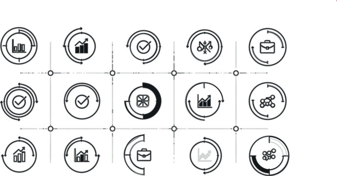 Business analytics line icons vector set with charts, growth, targets, finance symbols and circular dashboard elements for modern data visualization design
