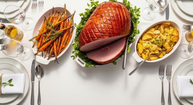Holiday ham with roasted vegetables served.