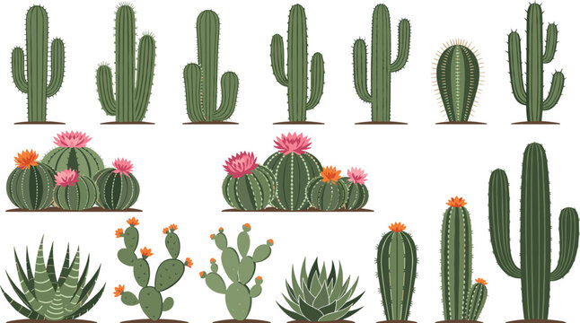 Collection of cactus and succulent plants with flowers desert botanical elements green spiky plants vector illustration set