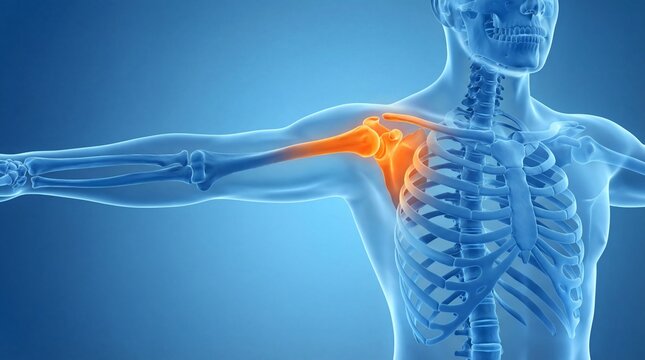 Human shoulder joint anatomy with highlighted pain inflammation in clavicle scapula and humerus medical 3D illustration