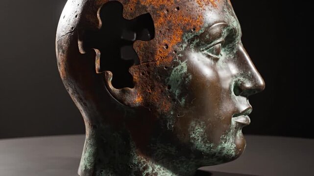 Bronze human head sculpture in side profile featuring a large hole shaped like a missing puzzle piece, displaying rusted texture and green oxidation patina against a dark background.