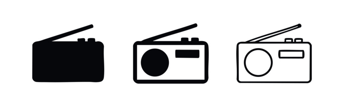Vintage radio icon set in multiple styles. Classic broadcast receiver symbol for news and music.