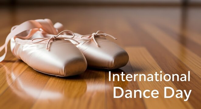 A pair of ballet shoes on a wooden floor for international dance day