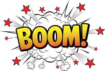 Comic boom explosion bubble with halftone text and star burst pop art style vector illustration design © Honey!