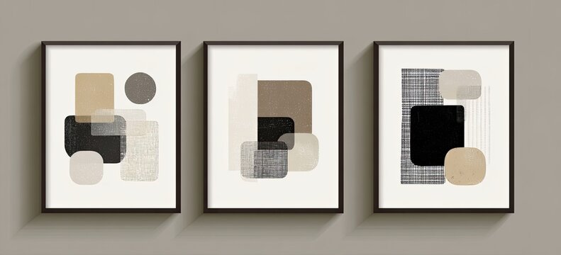 Framed modern art with abstract geometric shapes and neutral color schemes, arranged in a triptych